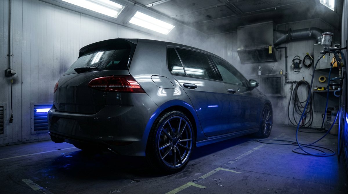 Freshly repaired and painted grey hatchback in a spray booth