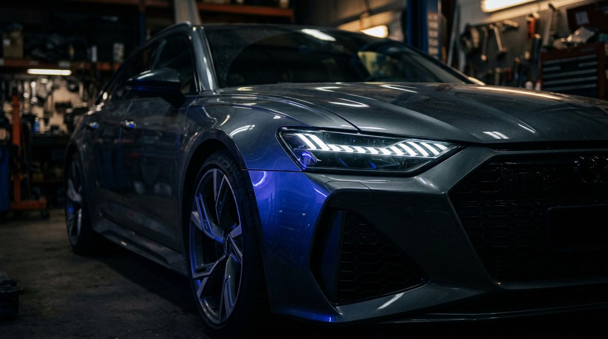 A car headlight lit up in the workshop