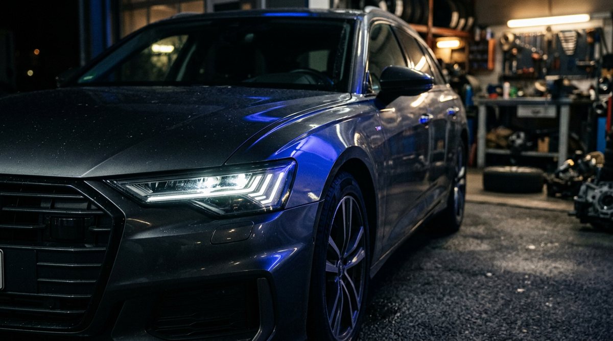 A grey car in the workshop, headlights on