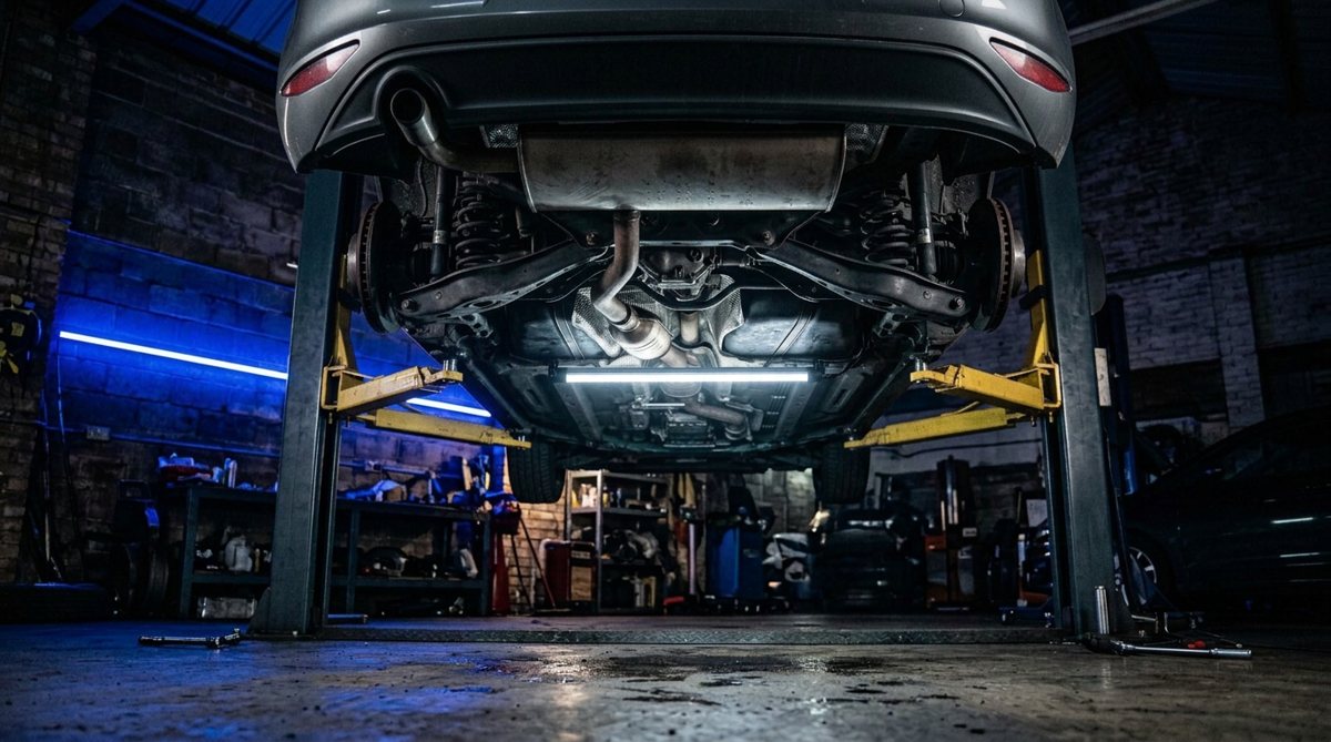 Underneath a car raised on the lift